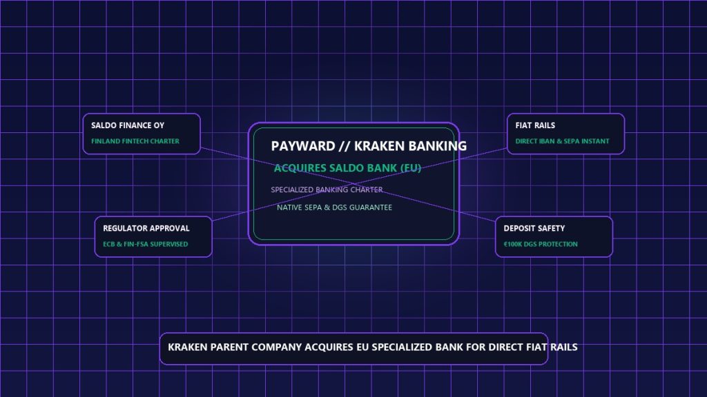 طرح گرافیکی تصاحب بانک اروپایی Saldo Bank توسط شرکت مادر صرافی کراکن جهت دریافت مجوز بانکی مستقیم در اتحادیه اروپا
