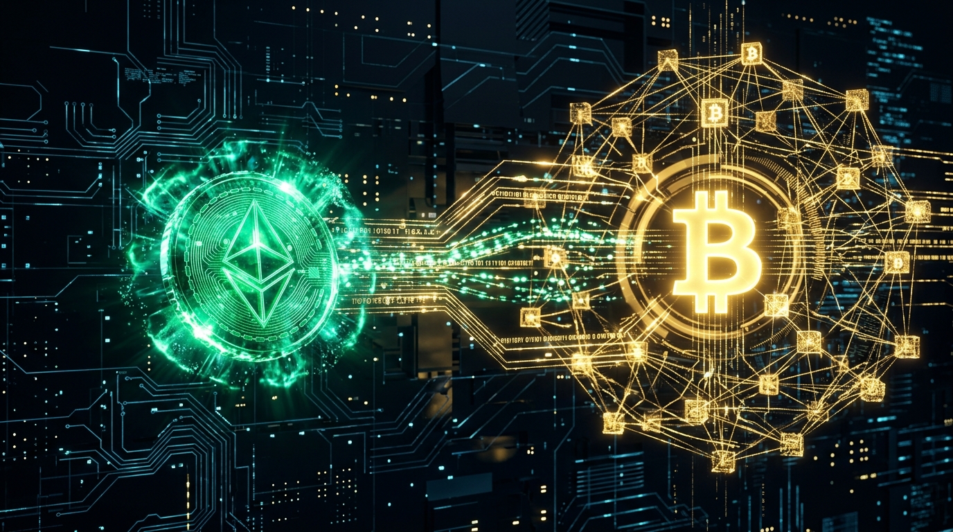 نشان استیبلکوین تتر با پرتوهای سبز درخشان متصل به شبکه بلاکچین طلایی بیتکوین و تراشههای کریپتوگرافیک پروتکل RGB