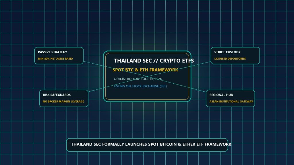 طرح گرافیکی اجرای رسمی مقررات ETF اسپات بیتکوین و اتریوم در بورس تایلند توسط کمیسیون SEC تایلند