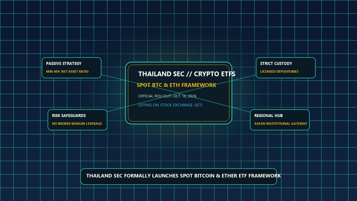 طرح گرافیکی اجرای رسمی مقررات ETF اسپات بیتکوین و اتریوم در بورس تایلند توسط کمیسیون SEC تایلند